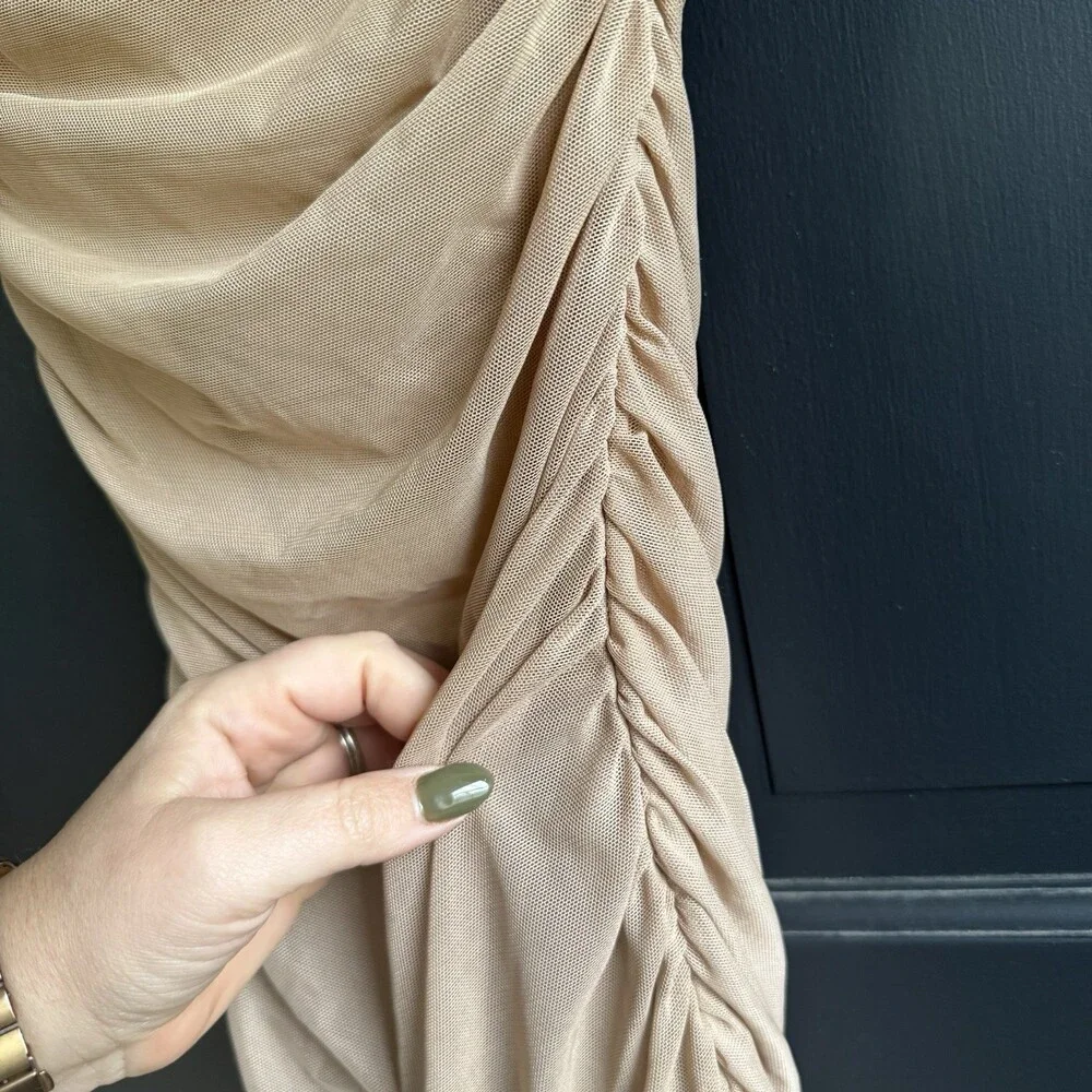 Princess Polly Nude tan Charvi Cap Sleeve Ruched Minidress Size 0 - Picture 6 of 10